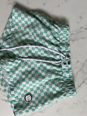 Kids Mint Green & White Checker Swim Trunks with Logo